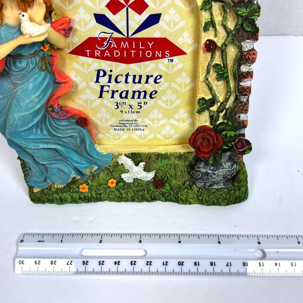 Vtg 90s Guardian Angel Resin PhotoFrame Dove Floral Roses Garden Victorian Fairy